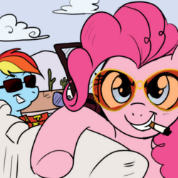 Size: 500x500 | Tagged: safe, artist:madmax, artist:pacce, pinkie pie, rainbow dash, earth pony, pegasus, pony, g4, car, cigarette, colored, duo, fear and loathing in las vegas, parody, smoking, sunglasses