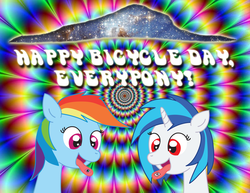 Size: 3300x2550 | Tagged: safe, artist:lumenglace, dj pon-3, rainbow dash, vinyl scratch, g4, bicycle day, drugs, lsd, psychedelic
