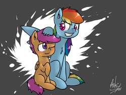 Size: 1024x768 | Tagged: safe, artist:arkypony, rainbow dash, scootaloo, pegasus, pony, g4, blushing, chest fluff, duo, duo female, female, gray background, noogie, one eye closed, scootalove, simple background, wink