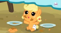 Size: 1179x649 | Tagged: safe, screencap, applejack, earth pony, pony, apple family reunion, g4, baby, baby pony, babyjack, filly, hub logo