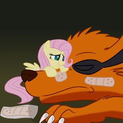 Size: 1000x1000 | Tagged: safe, artist:madmax, fluttershy, fox, kitsune, pegasus, pony, g4, bandaid, bandaid on nose, crossover, cute, kurama, kyuubi, naruto