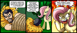 Size: 1500x656 | Tagged: safe, artist:madmax, fluttershy, human, g4, comic, crossover, flutterrage, kraven the hunter, love me, marvel, you're going to love me