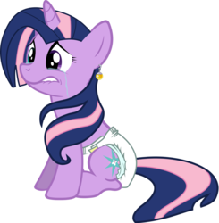 Size: 2004x2044 | Tagged: safe, artist:cupcakescankill, fluttershy, twilight sparkle, oc, oc only, oc:flutter sparkle, pony, unicorn, g4, crying, diaper, diaper fetish, dragon ball, ear piercing, earring, fetish, fusion, fusion:fluttershy, fusion:twilight sparkle, fusion:twishy, heterochromia, jewelry, non-baby in diaper, piercing, potara, simple background, solo, transparent background