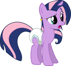 Size: 1000x930 | Tagged: safe, artist:cupcakescankill, fluttershy, twilight sparkle, oc, oc only, oc:flutter sparkle, pony, unicorn, g4, diaper, dragon ball, ear piercing, earring, fusion, fusion:fluttershy, fusion:twilight sparkle, fusion:twishy, heterochromia, jewelry, non-baby in diaper, piercing, potara, simple background, solo, transparent background