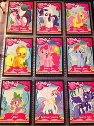 Size: 1936x2592 | Tagged: safe, applejack, fluttershy, pinkie pie, princess celestia, princess luna, rainbow dash, rarity, spike, twilight sparkle, pony, g4, card, irl, mane seven, merchandise, photo, trading card