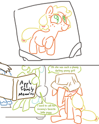 Size: 698x871 | Tagged: safe, artist:weaver, applejack, granny smith, apple family reunion, g4, babyjack, blushing, chubby, comic, filly, simple background, weaver you magnificent bastard, white background