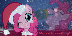 Size: 500x250 | Tagged: safe, pinkie pie, g4, christmas ponies, cider, dota 2, hat, one eye closed, santa hat, wink