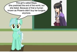 Size: 887x605 | Tagged: safe, lyra heartstrings, pony, unicorn, g4, 2012 phenomenon, ace attorney, chalkboard, human studies101 with lyra, maya, maya fey