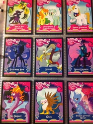 Size: 1936x2592 | Tagged: safe, carrot top, daring do, discord, gilda, golden harvest, lyra heartstrings, mare do well, nightmare moon, prince blueblood, queen chrysalis, steven magnet, trixie, griffon, pony, g4, card, irl, merchandise, photo, trading card