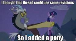 Size: 497x269 | Tagged: safe, discord, twilight sparkle, pony, g4, 4chan, frown, grin, holding a pony, image macro, open mouth, smiling