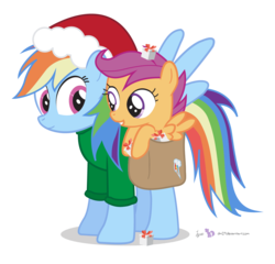 Size: 1250x1200 | Tagged: safe, artist:dm29, rainbow dash, scootaloo, pegasus, pony, g4, clothes, duo, duo female, female, hat, present, saddle bag, santa hat, scootalove, simple background, sweater, transparent background