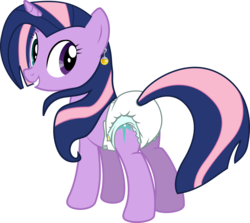 Size: 1466x1309 | Tagged: safe, artist:cupcakescankill, fluttershy, twilight sparkle, oc, oc only, oc:flutter sparkle, pony, unicorn, g4, butt, diaper, diaper butt, dragon ball, ear piercing, earring, fusion, fusion:fluttershy, fusion:twilight sparkle, fusion:twishy, heterochromia, jewelry, non-baby in diaper, piercing, plot, potara, simple background, solo, transparent background