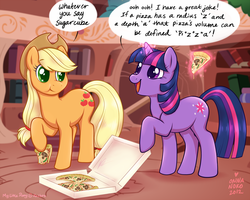 Size: 1024x819 | Tagged: safe, artist:onnanoko, applejack, twilight sparkle, earth pony, pony, unicorn, g4, adorkable, cute, dork, duo, fancy mathematics, food, golden oaks library, math, math joke, mushroom, pepper, pizza, pun, unicorn twilight