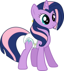 Size: 2000x2223 | Tagged: safe, artist:cupcakescankill, fluttershy, twilight sparkle, oc, oc only, oc:flutter sparkle, pony, unicorn, g4, diaper, dragon ball, ear piercing, earring, fusion, fusion:fluttershy, fusion:twilight sparkle, fusion:twishy, heterochromia, jewelry, non-baby in diaper, piercing, potara, simple background, solo, transparent background