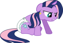 Size: 1001x679 | Tagged: safe, artist:cupcakescankill, fluttershy, twilight sparkle, oc, oc only, oc:flutter sparkle, pony, unicorn, g4, diaper, dragon ball, ear piercing, earring, fusion, fusion:fluttershy, fusion:twilight sparkle, fusion:twishy, heterochromia, jewelry, non-baby in diaper, piercing, potara, simple background, solo, transparent background