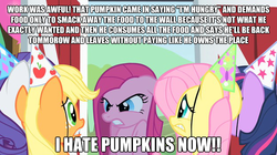 Size: 625x351 | Tagged: safe, edit, edited screencap, screencap, applejack, fluttershy, pinkie pie, rarity, twilight sparkle, g4, party of one, image macro, misspelling, pinkamena diane pie, pumpkin