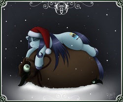 Size: 1218x1004 | Tagged: safe, artist:r perils, oc, oc only, oc:ipsywitch, ask ipsywitch, bag, christmas, eyeball, hat, santa hat, sleeping, snow, snowfall, tentacles