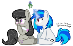 Size: 1000x634 | Tagged: safe, artist:terton, dj pon-3, octavia melody, vinyl scratch, g4, 30 minute art challenge, blushing, christmas, female, lesbian, mistletoe, ship:scratchtavia, shipping