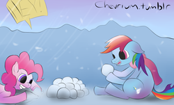 Size: 1280x774 | Tagged: safe, artist:chevrium, pinkie pie, rainbow dash, g4, 30 minute art challenge, snow, snowball, snowfall