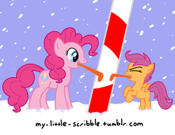 Size: 792x612 | Tagged: safe, artist:scribble, pinkie pie, scootaloo, g4, 30 minute art challenge, candy cane, snow, snowfall