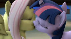 Size: 854x468 | Tagged: safe, artist:twily404, fluttershy, twilight sparkle, pegasus, pony, unicorn, g4, 3d, animated at source, duo, duo female, eyes closed, female, kissing, lesbian, ship:twishy, shipping, source filmmaker, unicorn twilight, video at source, youtube link