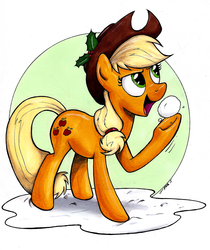 Size: 2421x2885 | Tagged: safe, artist:mattings, applejack, earth pony, pony, g4, female, holly, snow, snowball, solo