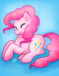 Size: 600x776 | Tagged: safe, artist:steveholt, pinkie pie, earth pony, pony, g4, blue background, eyes closed, female, mare, prone, smiling, solo