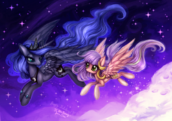 Size: 1600x1129 | Tagged: safe, artist:cizu, princess luna, oc, alicorn, pegasus, pony, g4, cloud, duo, female, flying, mare, signature, smiling, spread wings, starry background, starry night, stars, wings