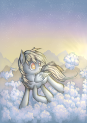 Size: 867x1227 | Tagged: safe, artist:cottony, derpy hooves, pegasus, pony, g4, :t, cloud, cloudy, female, looking back, mare, muffin, scrunchy face, solo