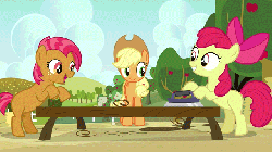 Size: 640x360 | Tagged: safe, screencap, apple bloom, applejack, babs seed, earth pony, pony, apple family reunion, g4, season 3, animated, animation error, female, filly, foal, gif, mare, wrong eye color