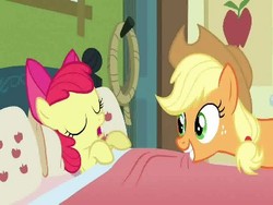 Size: 384x288 | Tagged: safe, screencap, apple bloom, applejack, earth pony, pony, apple family reunion, g4, my little pony: friendship is magic, bed, female, filly, mare, on back, pillow, sleeping