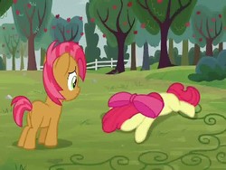 Size: 384x288 | Tagged: safe, screencap, apple bloom, babs seed, earth pony, pony, apple family reunion, g4, my little pony: friendship is magic, animation error, apple, apple tree, butt, duo, female, filly, food, plot, tree