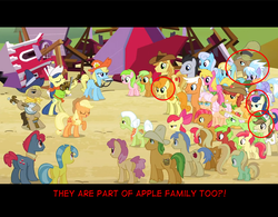 Size: 1280x997 | Tagged: safe, edit, edited screencap, screencap, apple bloom, apple crumble, apple mint, apple rose, apple split, apple strudel, applejack, auntie applesauce, babs seed, blewgrass, bon bon, braeburn, bushel, carrot top, cherry berry, cloudchaser, dizzy twister, emerald green, fiddlesticks, flounder (g4), gala appleby, golden harvest, granny smith, green gem, half baked apple, hayseed turnip truck, helia, hoss, kazooie (g4), liberty belle, linky, lucky clover, mr. greenhooves, orange swirl, pink lady, pitch perfect, red delicious, red june, shoeshine, sweet tooth, sweetie drops, earth pony, pegasus, pony, apple family reunion, g4, animation error, apple family, apple family member, background pony, blank flank, butt, crowd, layering error, plot, unnamed character, unnamed pony