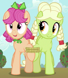 Size: 224x256 | Tagged: safe, screencap, apple rose, granny smith, earth pony, pony, apple family reunion, g4, animated, duo, duo female, female, filly, loop, racing, trotting, young apple rose, young granny smith, younger