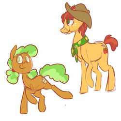 Size: 1000x1000 | Tagged: safe, artist:ponygoggles, earth pony, pony, apple family reunion, g4, duo, freckles, hat, raised hoof, simple background, smiling, white background