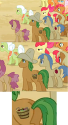 Size: 594x1088 | Tagged: safe, screencap, apple bloom, apple brown betty, apple cobbler, apple rose, applejack, babs seed, bushel, carrot top, dizzy twister, golden harvest, granny smith, hoss, orange swirl, red delicious, red june, earth pony, pony, apple family reunion, g4, animation error, apple barrel, apple family, apple family member, butt, female, filly, great moments in animation, layering error, male, mare, pinky lady, plot, stallion
