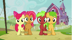 Size: 576x324 | Tagged: safe, screencap, apple bloom, apple squash, babs seed, red june, earth pony, pony, apple family reunion, g4, animated, apple family member, female, seven-legged race