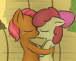 Size: 800x650 | Tagged: safe, artist:lamia, apple bloom, babs seed, earth pony, anthro, g4, applecest, cousin incest, duo, eyes closed, female, freckles, hand, hay, hay bale, incest, kiss on the lips, kissing, lesbian, ship:appleseed, shipping, suddenly hands