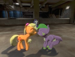 Size: 1280x960 | Tagged: safe, artist:diddy92, applejack, rarity, spike, g4, 3d, bow, female, gmod, male, nuzzling, ponified spike, ship:applespike, shipping, straight