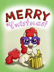 Size: 1536x2048 | Tagged: dead source, safe, artist:ronaldhennessy, twist, earth pony, pony, g4, abomination, christmas, female, glasses, holiday, present, solo