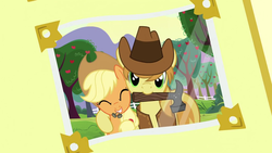 Size: 1280x720 | Tagged: safe, screencap, applejack, braeburn, earth pony, pony, apple family reunion, g4, braebetes, cousins, cute, duo, female, hammer, jackabetes, looking at you, male, mare, mouth hold, nails, photo, stallion