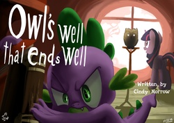 Size: 3508x2480 | Tagged: safe, artist:jowyb, owlowiscious, spike, twilight sparkle, bird, dragon, owl, pony, unicorn, g4, owl's well that ends well, season 1, cindy morrow, female, golden oaks library, grumpy spike, horn, jealous, jealous spike, male, spike is not amused, title card, trio, unamused, wingless spike