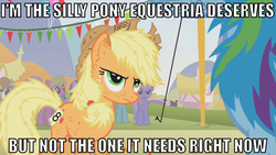 Size: 947x533 | Tagged: safe, edit, edited screencap, screencap, applejack, rainbow dash, pony, g4, batman, caption, image macro, silly, silly pony, who's a silly pony