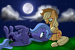 Size: 3000x2000 | Tagged: safe, artist:bri-sta, artist:rex42, applejack, princess luna, g4, grass, moon, night, s1 luna