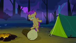 Size: 1920x1080 | Tagged: safe, screencap, scootaloo, pony, g4, sleepless in ponyville, female, lip bite, out of context, solo, tent