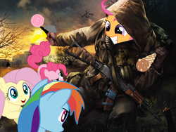 Size: 1600x1200 | Tagged: safe, fluttershy, pinkie pie, rainbow dash, scootaloo, g4, crossover, s.t.a.l.k.e.r.