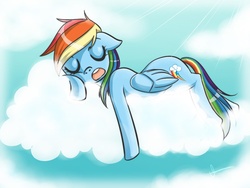 Size: 1024x768 | Tagged: safe, artist:merrytheberry, rainbow dash, pony, g4, cloud, cloudy, female, sleeping, solo