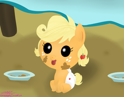 Size: 1700x1333 | Tagged: safe, artist:mikoruthehedgehog, applejack, earth pony, pony, apple family reunion, g4, baby, baby pony, babyjack, diaper, foal, solo