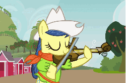 Size: 731x480 | Tagged: safe, screencap, fiddlesticks, earth pony, pony, apple family reunion, g4, season 3, animated, apple family member, eyes closed, female, fiddle, gif, hoof hold, magnetic hooves, mare, musical instrument