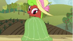 Size: 300x170 | Tagged: safe, screencap, maple apple, earth pony, pony, apple family reunion, g4, animated, butt, butt shake, clothes, dancing, dress, female, hat, looking back, mare, open mouth, plot, raised hoof, smiling, solo